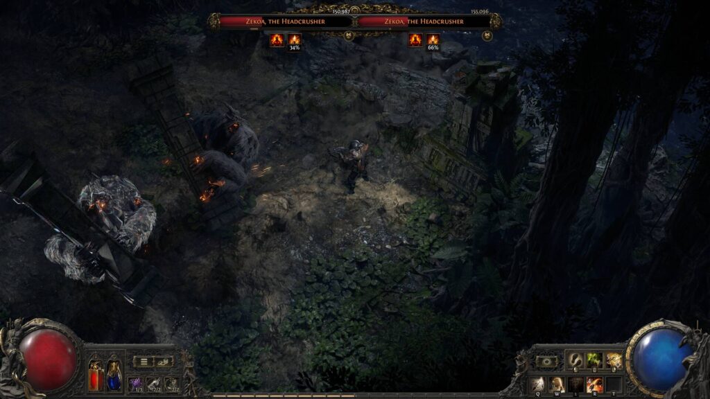 Path of Exile 2 zeigt einen Bosskampf gegen Zekoa, the Headcrusher in dunklen Dschungelruinen aus isometrischer Perspektive.