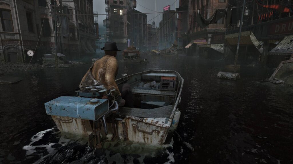 Sinking City 2 zeigt einen Mann in einem Boot, der durch eine düster überflutete Stadt mit zerstörten Gebäuden fährt.