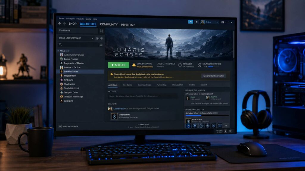 Symbolbild zur Steam Cloud mit Gaming-PC, Steam-Bibliothek und Warnhinweis zu nicht synchronisierten Spielständen.