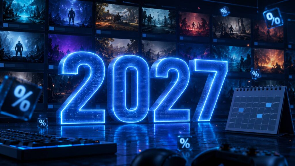 Leuchtende Jahreszahl 2027 vor einer digitalen Spielebibliothek mit Rabattzeichen und Kalender.