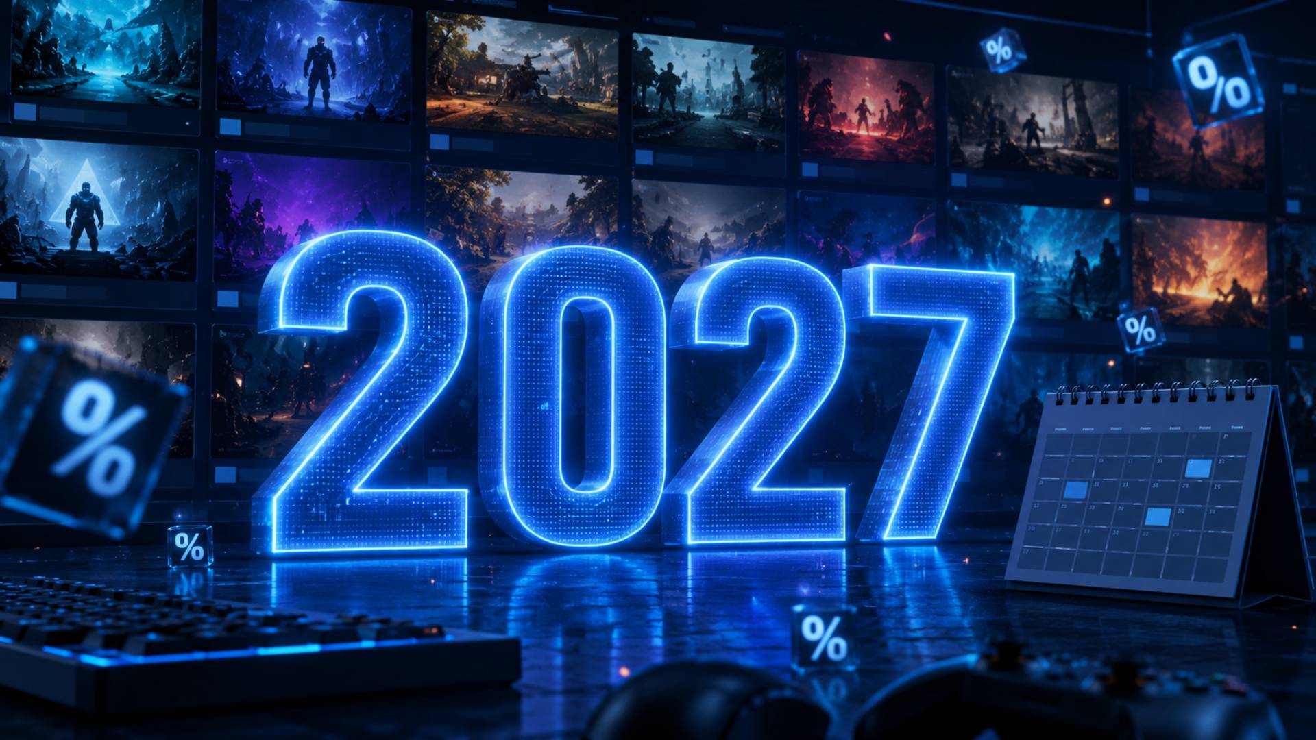 Leuchtende Jahreszahl 2027 vor einer digitalen Spielebibliothek mit Rabattzeichen und Kalender.