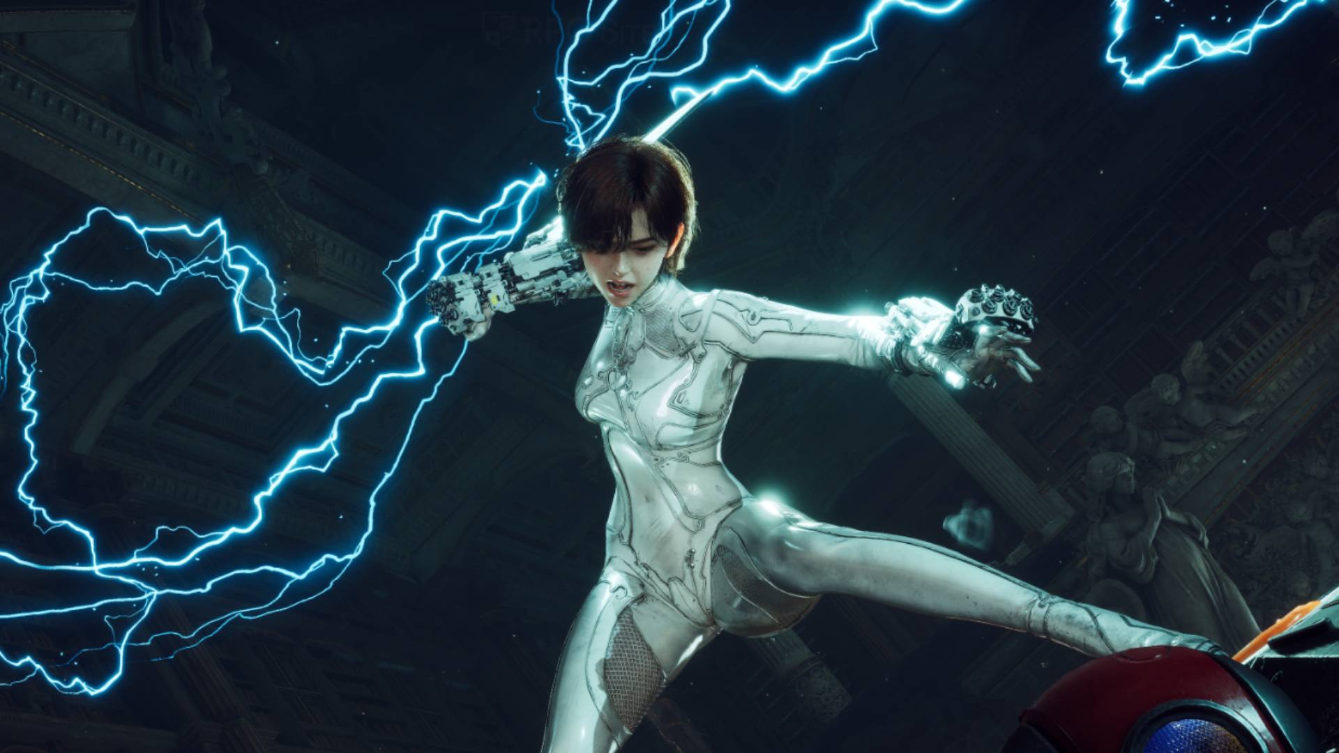 Eine Kämpferin im weißen Anzug entfesselt in Stellar Blade: Blood Rain blaue Blitze und tritt auf einen Gegner ein.