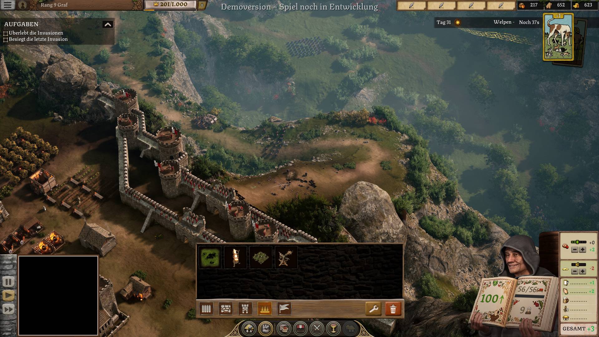 Stronghold 4 Demo zeigt eine befestigte Burg mit Soldaten auf den Mauern, Belagerungskämpfen und grüner Hügellandschaft