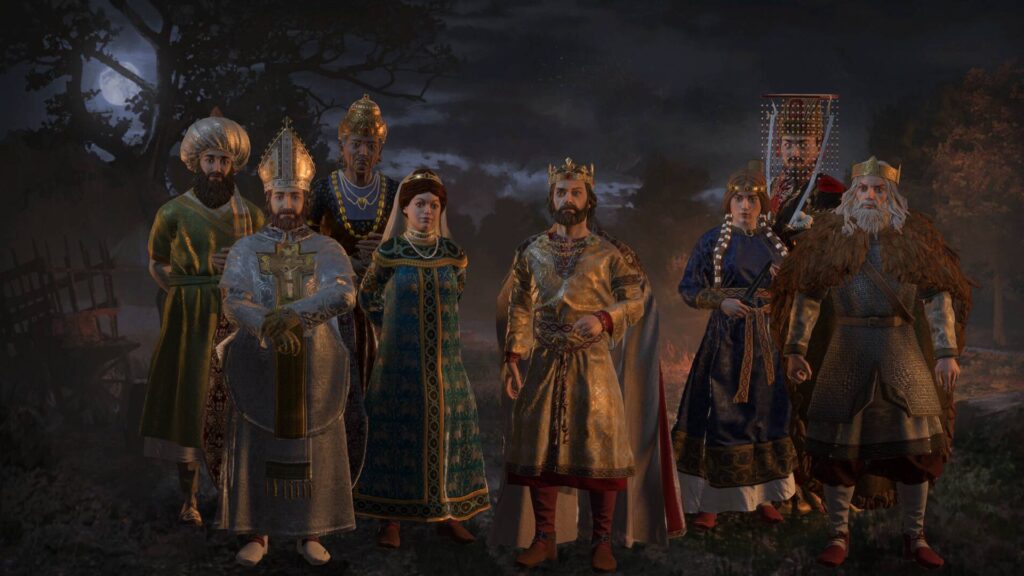 Crusader Kings 3: Gruppe mittelalterlicher Herrscher und Geistlicher in prunkvollen Gewändern.