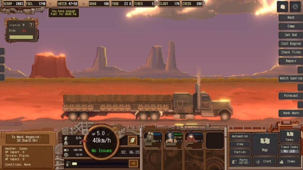 Lastwagen durchquert in Dustland Delivery eine rötliche Wüstenlandschaft bei Sonnenaufgang.