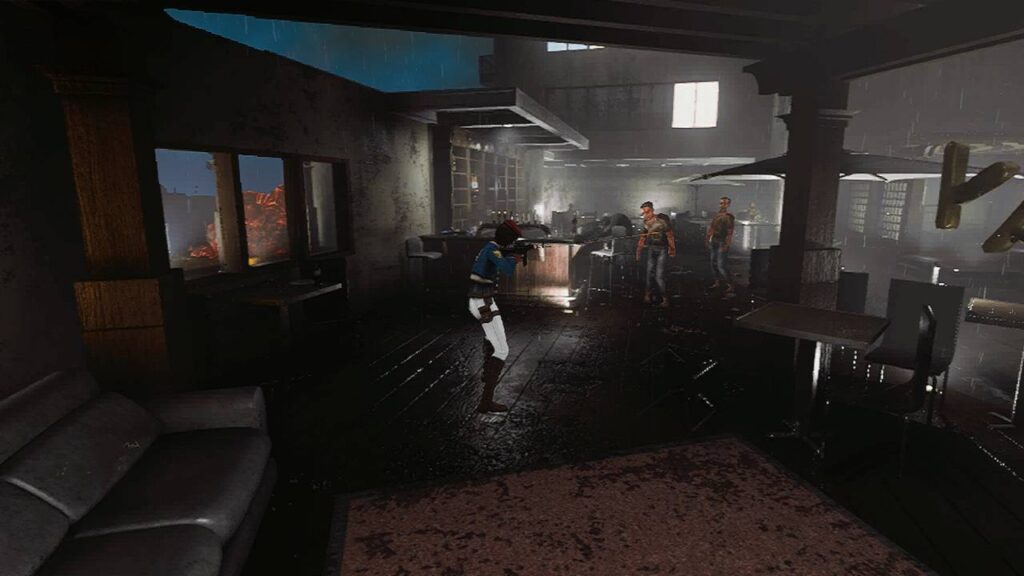Die besten Endzeitspiele 2026: Bewaffnete Figur kämpft in einem dunklen, verregneten Gebäude in Ground Zero.