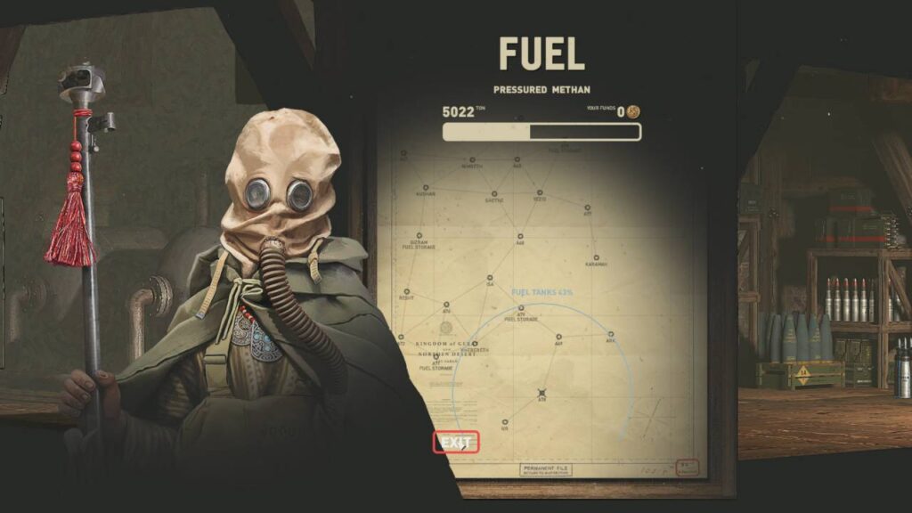 HighFleet zeigt eine maskierte Figur vor einer Treibstoffkarte und gelagerter Munition.