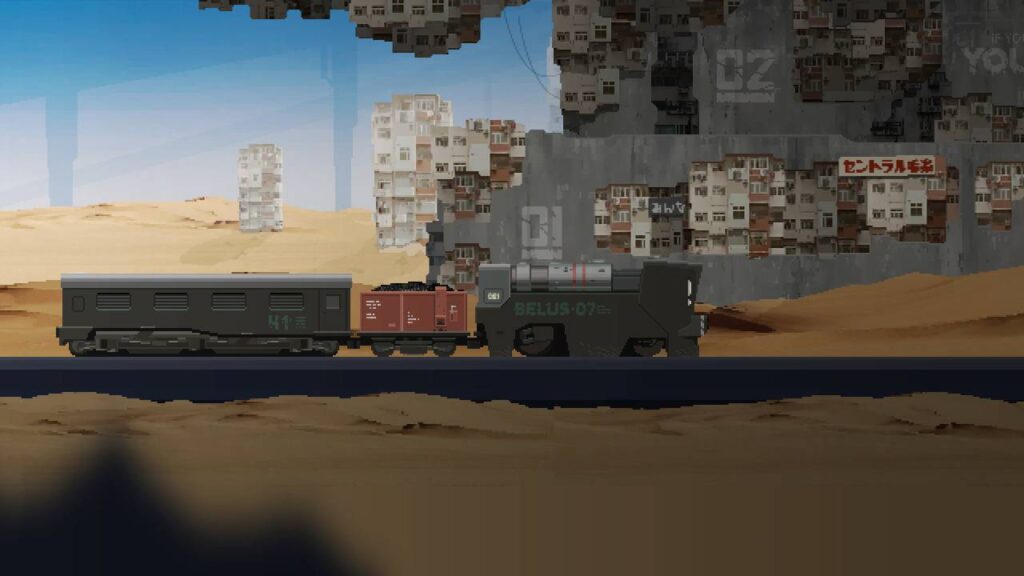 Die besten Endzeitspiele 2026: Ein gepanzerter Zug fährt in The Final Station durch eine zerstörte Wüstenstadt.