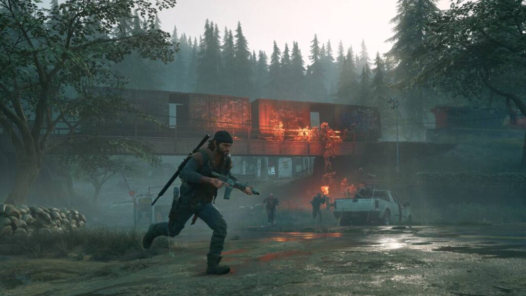 Die besten Endzeitspiele 2026: Deacon flieht in Days Gone vor einer Horde Freaker durch den Regen.