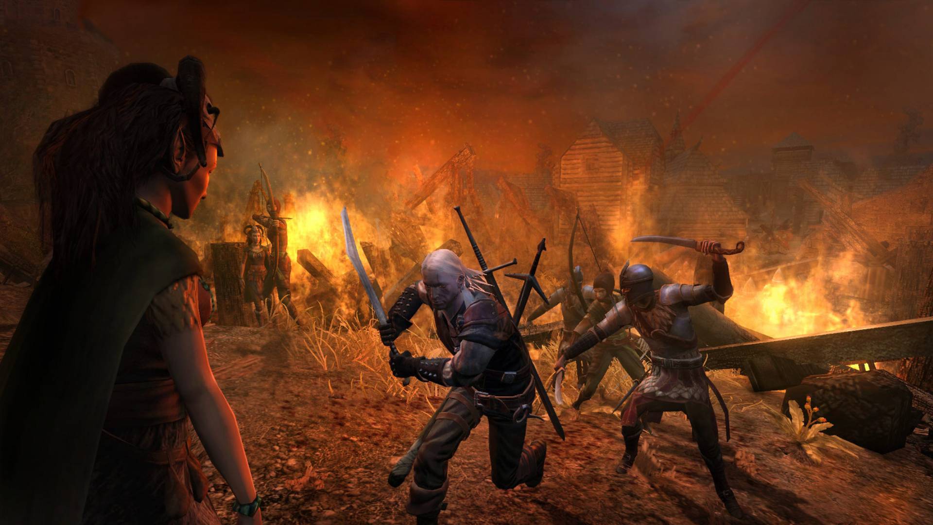 The Witcher 1 zeigt Geralt mit Schwert in einem brennenden Dorf, während mehrere bewaffnete Angreifer auf ihn zustürmen.