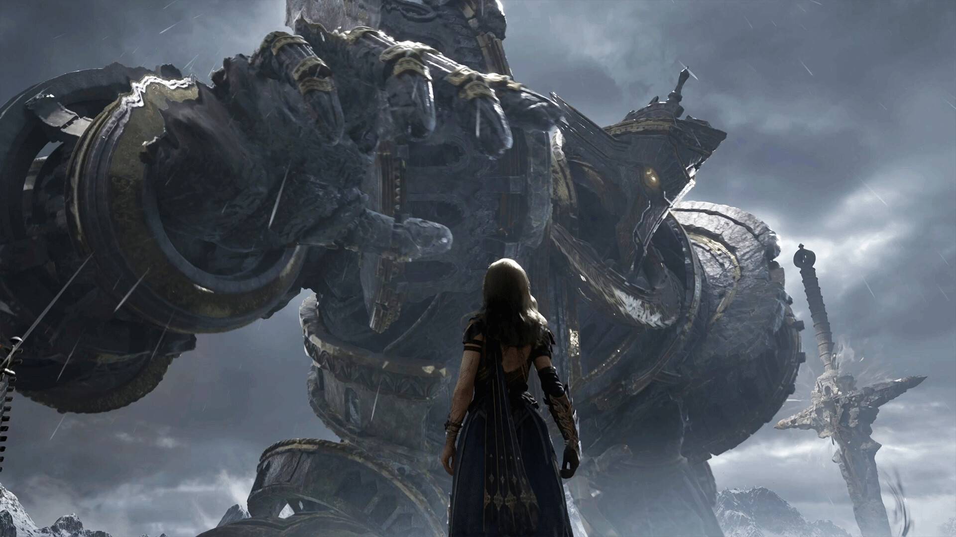 Tides of Annihilation zeigt eine Kriegerin vor einem gewaltigen steinernen Koloss in einer stürmischen, regnerischen Fantasy-Landschaft.