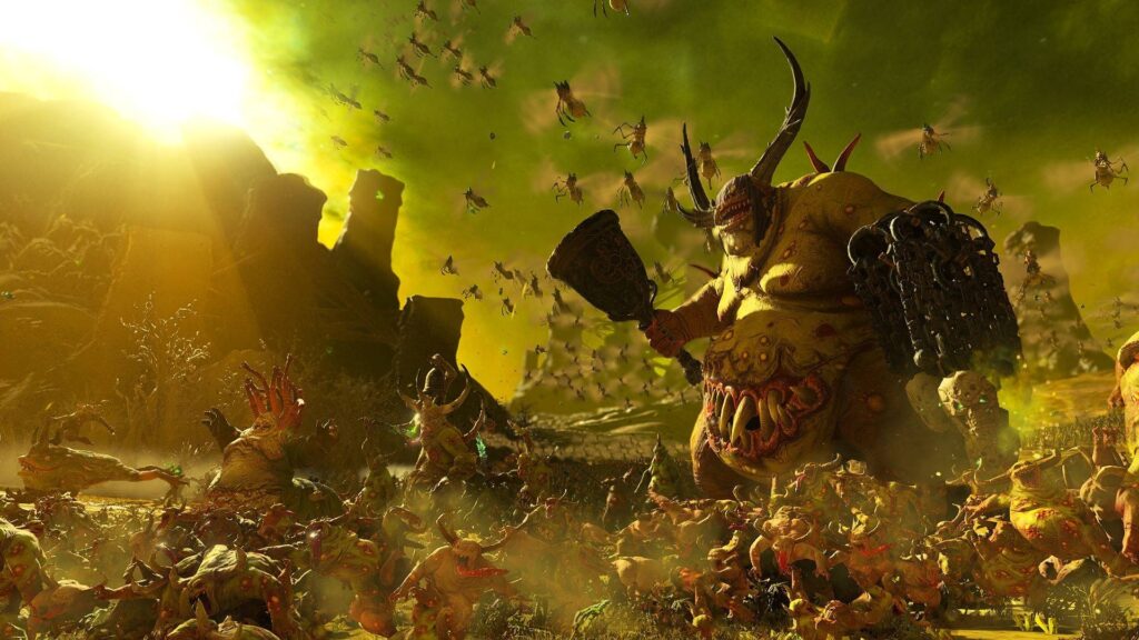 Total War: Warhammer 3 zeigt eine riesige Nurgle-Armee mit Dämonen, Fliegen und einem gewaltigen Seuchenmonster auf einem giftgrünen Schlachtfeld.