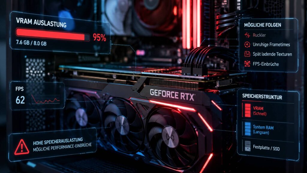 Nahaufnahme einer Grafikkarte in einem beleuchteten Gaming-PC mit eingeblendeten Leistungsanzeigen. Ein Overlay zeigt eine fast ausgelastete VRAM-Nutzung sowie mögliche Folgen wie Ruckler, unruhige Frametimes, spät ladende Texturen und FPS-Einbrüche.