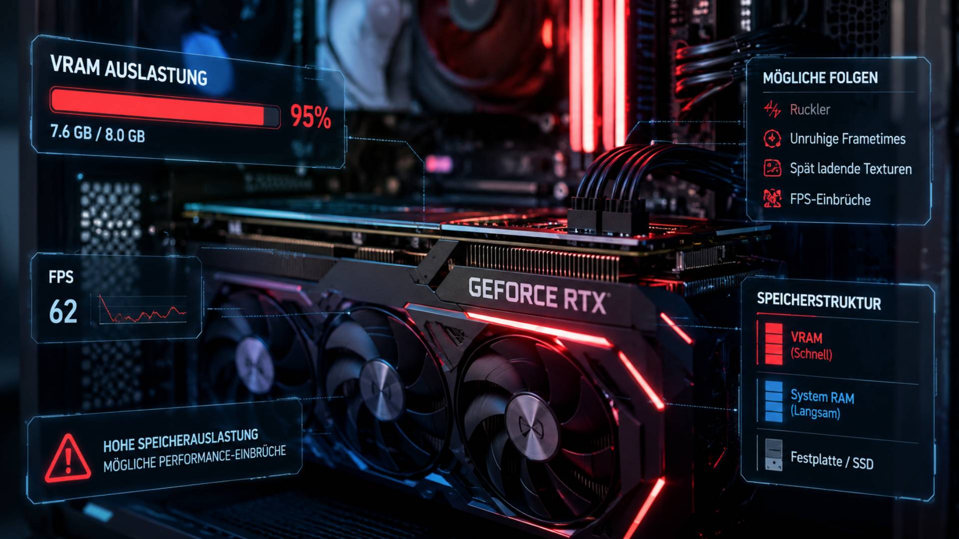 Nahaufnahme einer Grafikkarte in einem beleuchteten Gaming-PC mit eingeblendeten Leistungsanzeigen. Ein Overlay zeigt eine fast ausgelastete VRAM-Nutzung sowie mögliche Folgen wie Ruckler, unruhige Frametimes, spät ladende Texturen und FPS-Einbrüche.