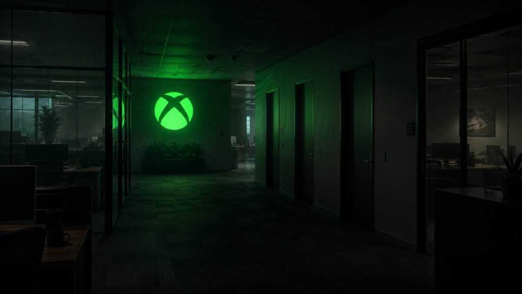 Leuchtendes grünes Xbox-Logo in einem dunklen Büroflur mit leeren Arbeitsplätzen und mehreren geschlossenen Türen als Symbol für die Xbox-Umstrukturierung 2026.