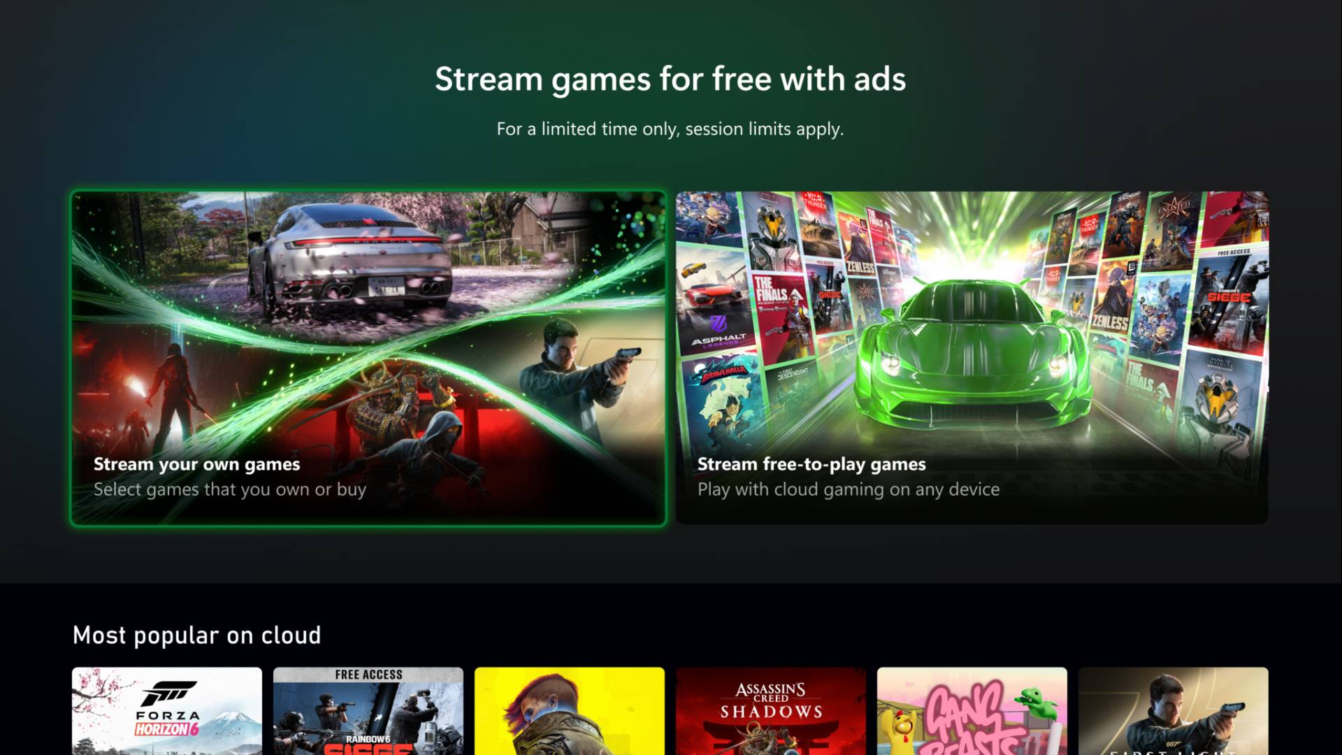 Xbox Cloud Gaming zeigt eine Oberfläche zum kostenlosen Spiele-Streaming mit Werbung, inklusive eigener Spiele, Free-to-Play-Titel und populärer Cloud-Spiele.