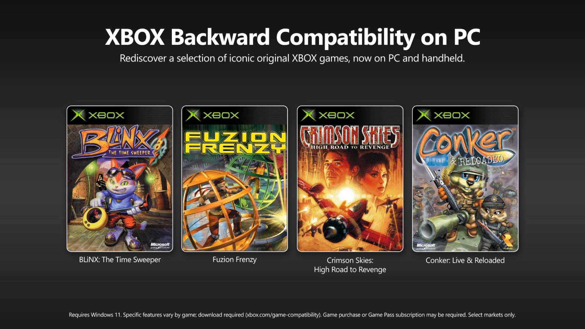 Xbox Backward Compatibility on PC zeigt vier Xbox-Klassiker: Blinx, Fuzion Frenzy, Crimson Skies und Conker: Live & Reloaded.