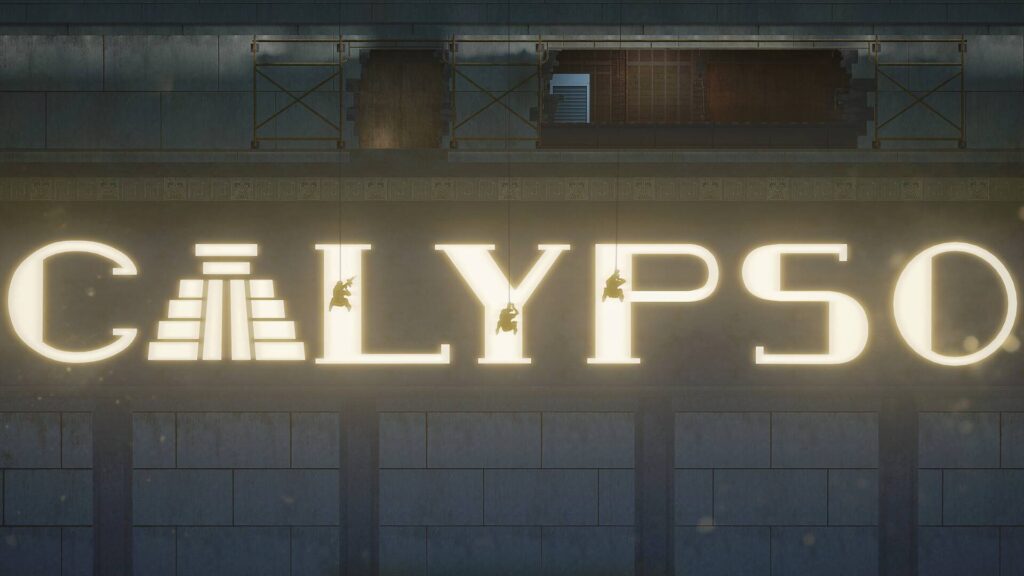 Drei Operator seilen sich in Rainbow Six Siege an der leuchtenden Calypso-Fassade eines Gebäudes ab.