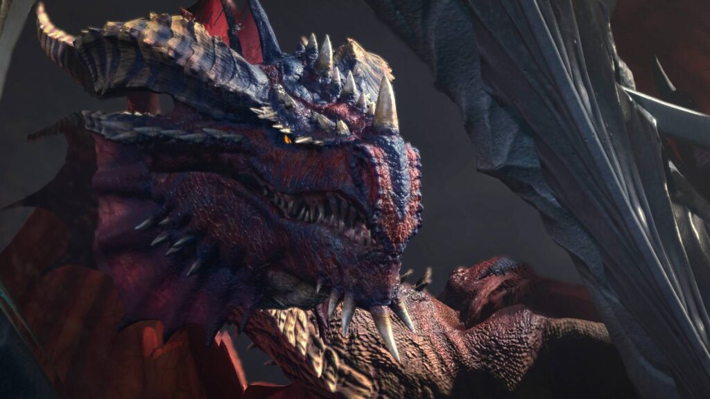 Ein gewaltiger roter Drache mit Hörnern und ausgebreiteten Flügeln blickt in Baldur’s Gate 3 bedrohlich nach vorn.
