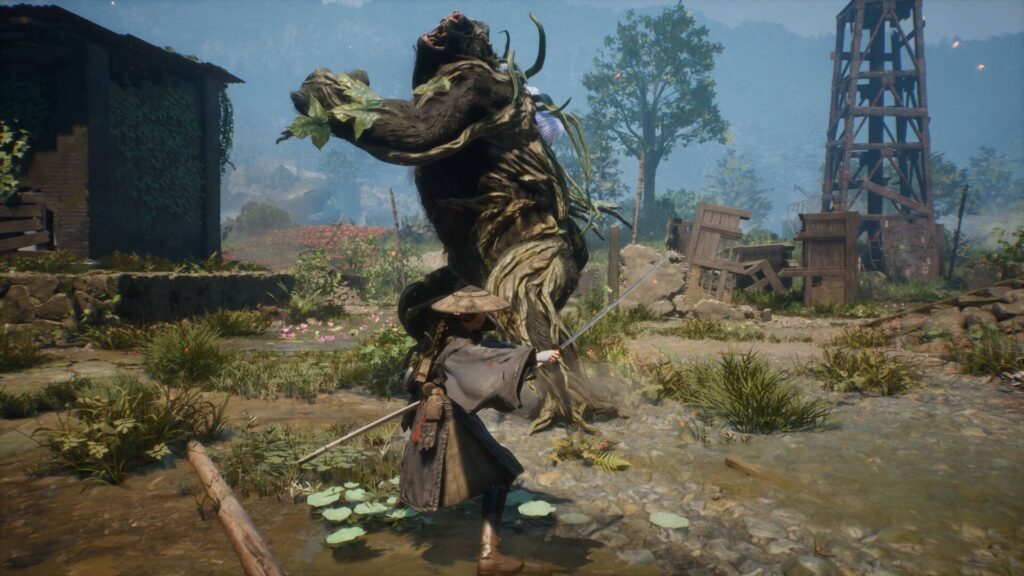 Eine Kriegerin kämpft in Beast of Reincarnation in einem überwucherten Dorf gegen ein riesiges pflanzenartiges Ungeheuer.