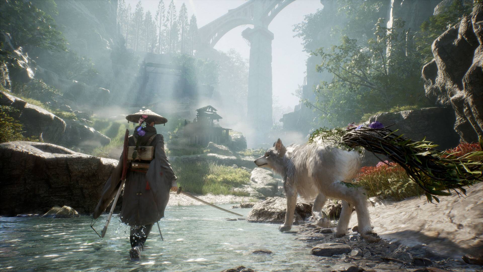 Eine Kriegerin durchquert in Beast of Reincarnation mit einem weißen Wolf einen Bach unter einer gewaltigen Steinbrücke.