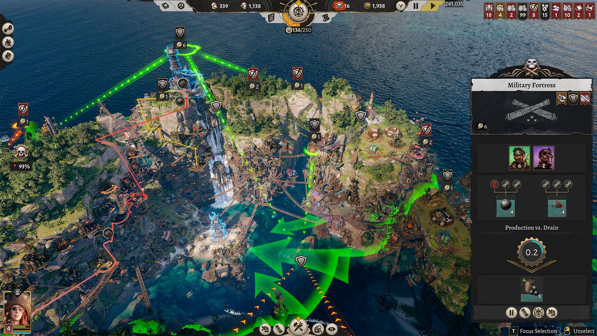 Strategiekarte aus Corsair Cove mit einer dicht bebauten Pirateninsel, leuchtenden Handelsrouten und dem geöffneten Menü einer Militärfestung.