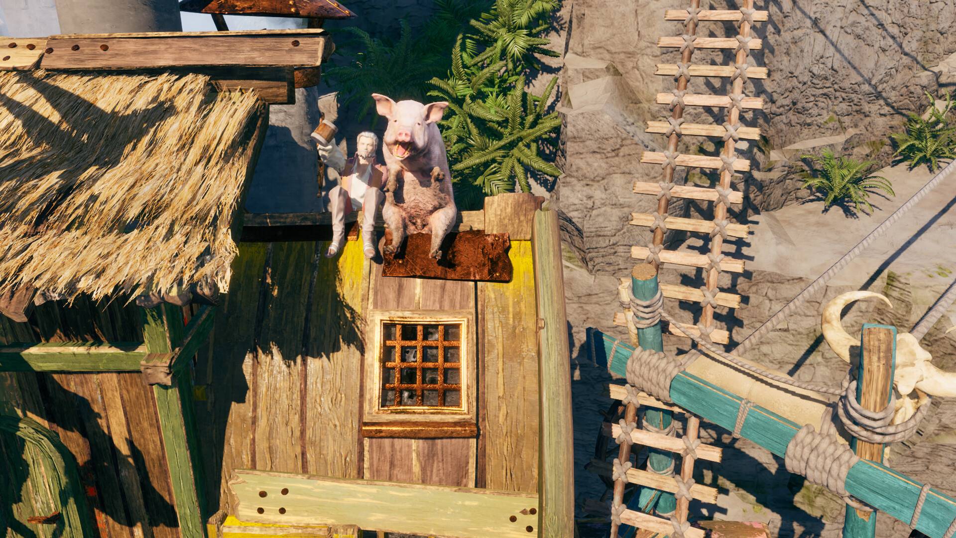 Pirat mit Krug neben einem Schwein auf einem Gebäude in Corsair Cove