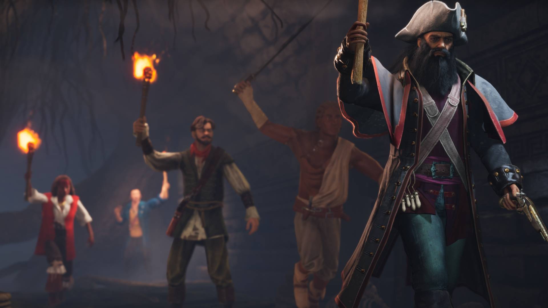 Ein bärtiger Piratenkapitän führt in Corsair Cove mit Pistole und Fackel eine Gruppe durch eine dunkle Höhle.
