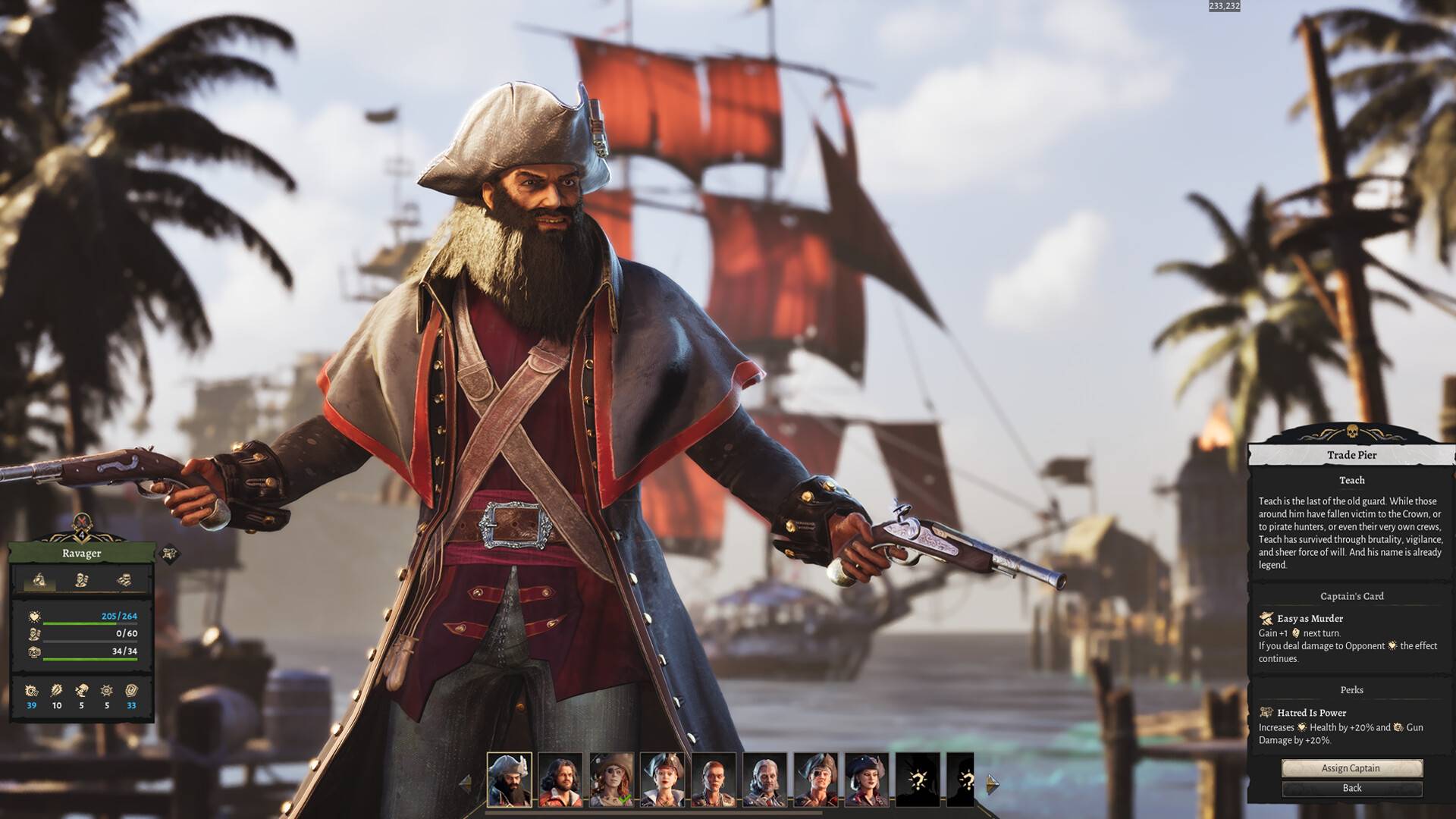 Ein bärtiger Piratenkapitän mit zwei Pistolen steht in Corsair Cove vor einem Schiff mit roten Segeln und Palmen.