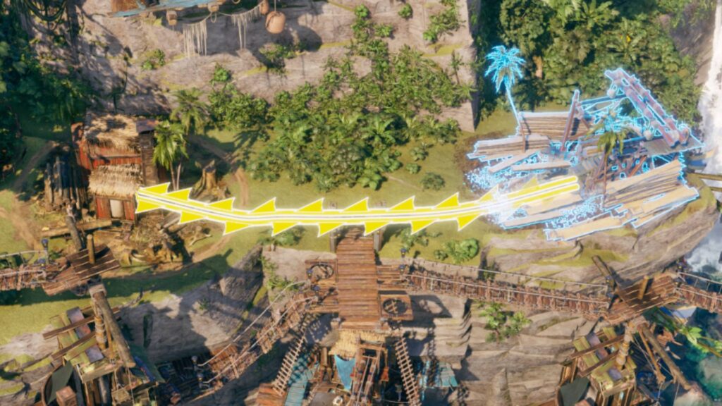 Eine gelbe Wegmarkierung führt in Corsair Cove von einem Piratenlager zu einer blau hervorgehobenen Baustelle.