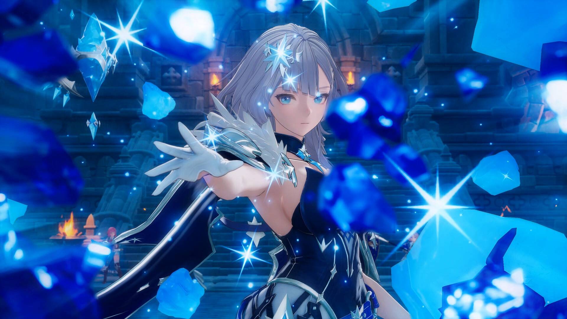 Eine silberhaarige Magierin beschwört in DragonSword Awakening leuchtende blaue Eiskristalle in einer steinernen Halle.