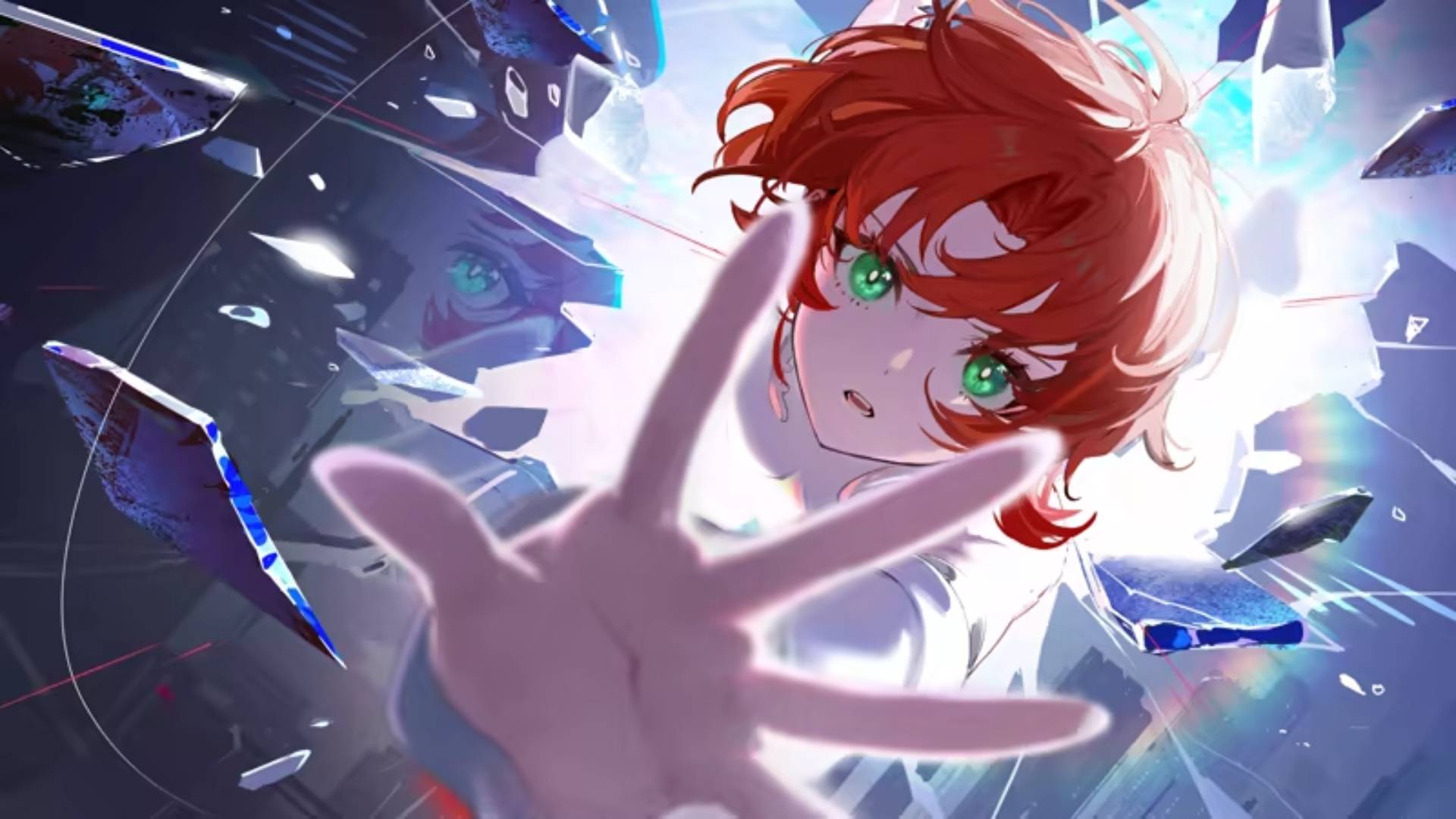 DreamEcho – rothaarige Anime-Figur mit grünen Augen zwischen zerbrochenen Glasscherben