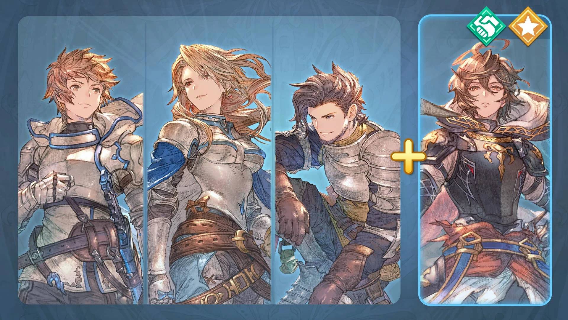 Vier Charaktere aus Granblue Fantasy Relink, daneben ein hervorgehobener Kämpfer mit zwei Eigenschaftssymbolen.