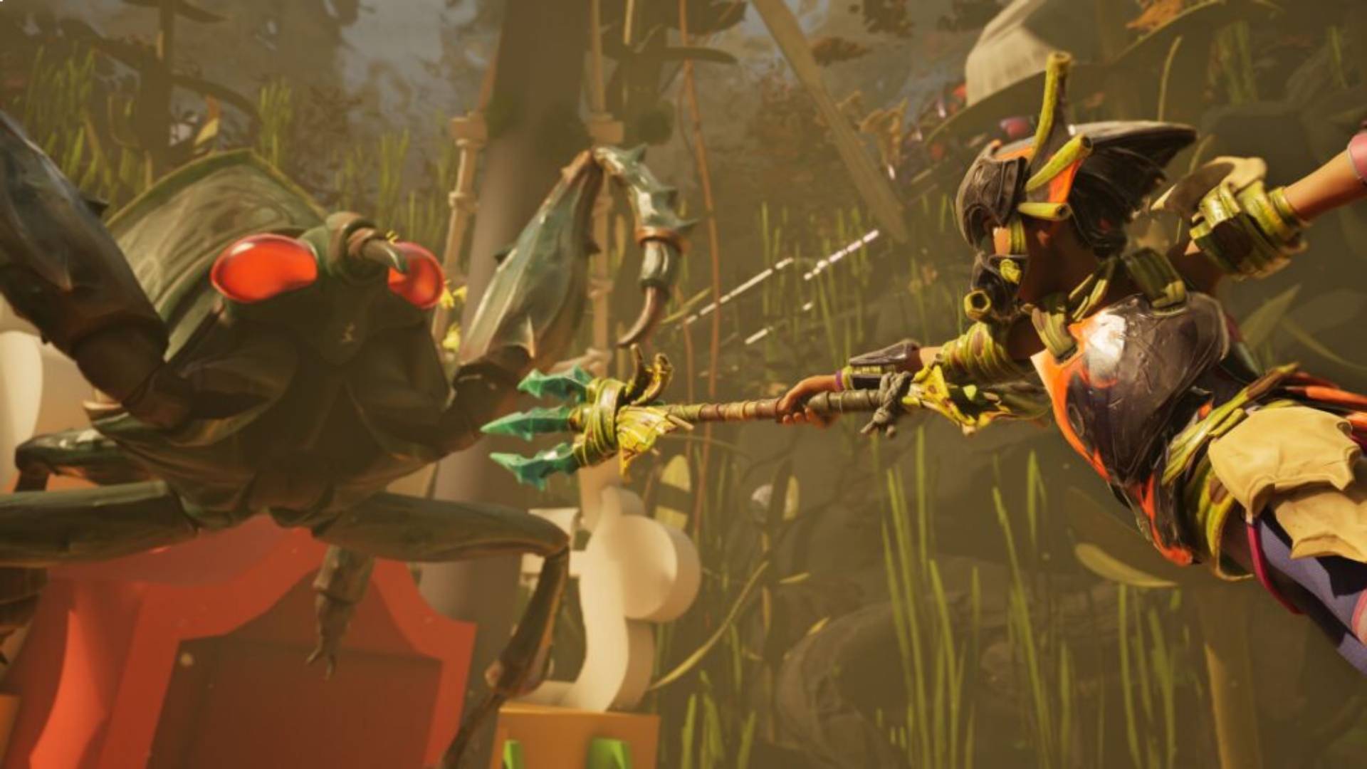 Grounded 2 Spieler kämpft mit einem Speer gegen ein riesiges Insekt