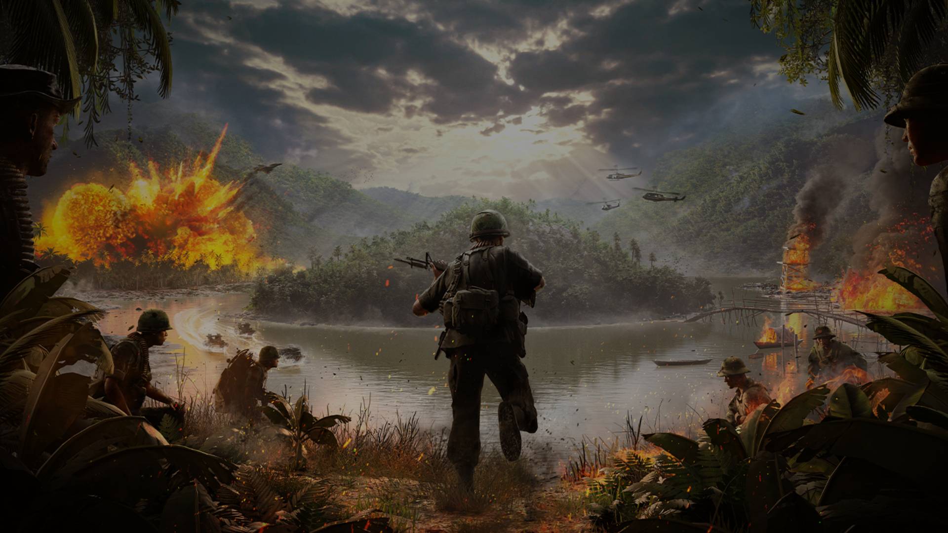 Hell Let Loose Vietnam Soldaten stürmen durch einen Dschungel mit Explosionen und Hubschraubern