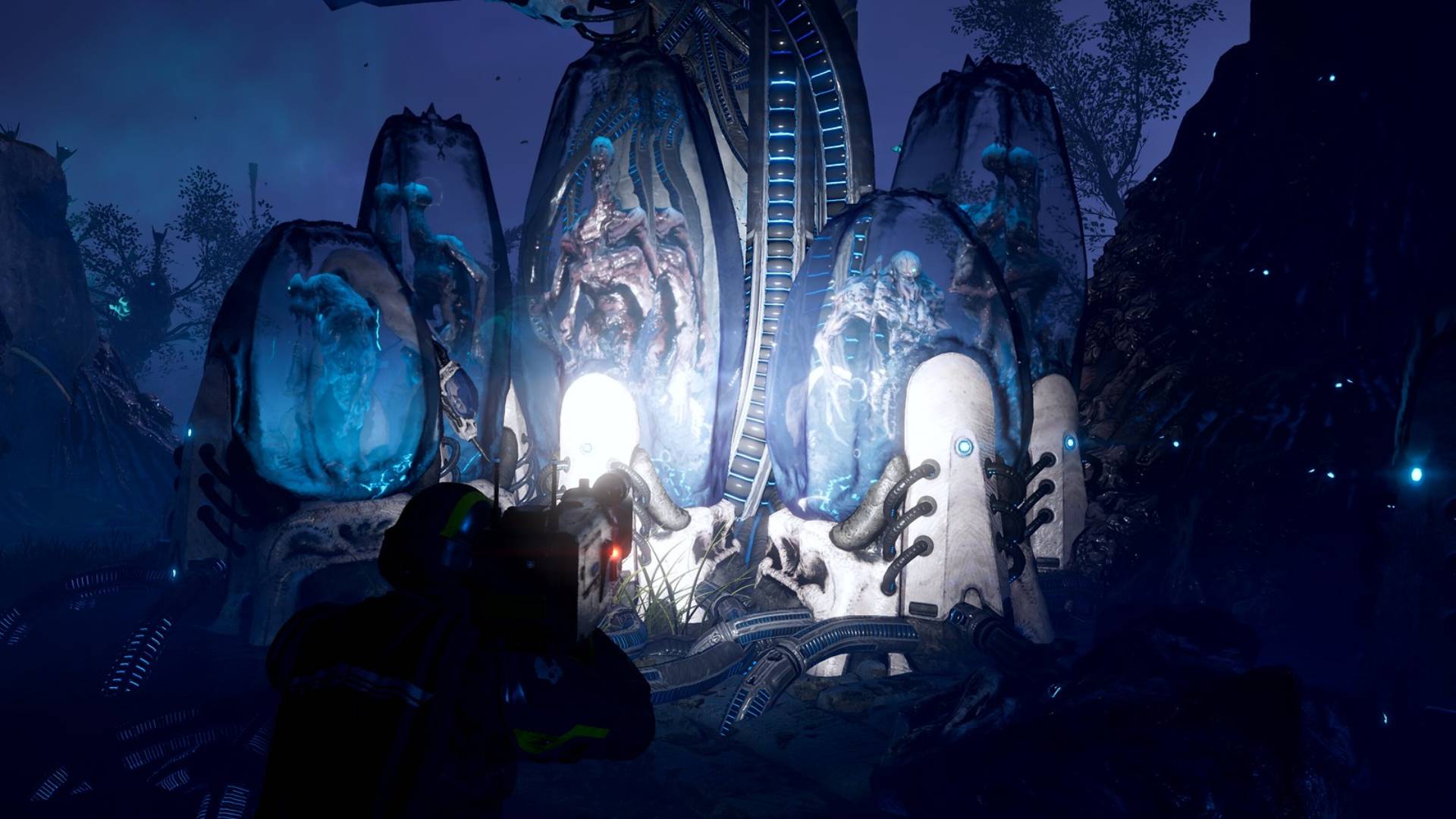 Helldivers 2 Soldat untersucht fremdartige Kapseln mit Kreaturen im Void