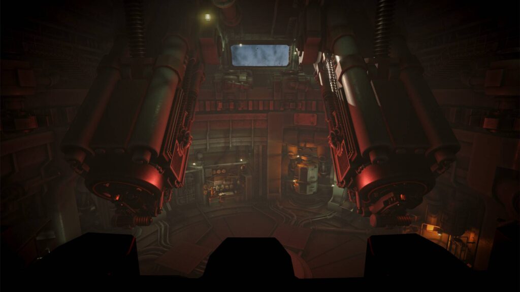 Blick in den Maschinenraum von IRON NEST mit gewaltigen Geschützmechanismen, Rohren und rot beleuchteten Metallwänden.