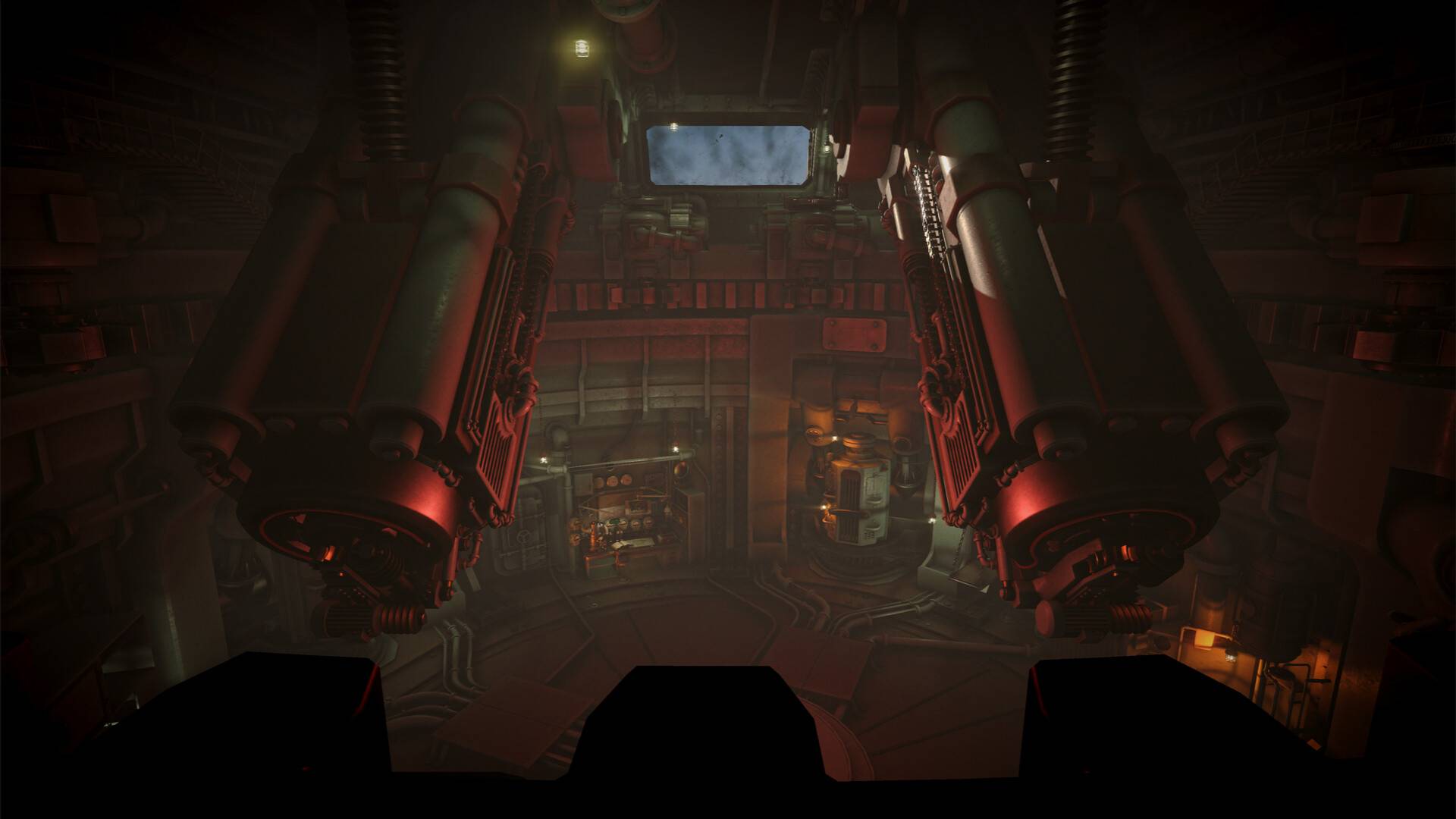 Blick in den Maschinenraum von IRON NEST mit gewaltigen Geschützmechanismen, Rohren und rot beleuchteten Metallwänden.