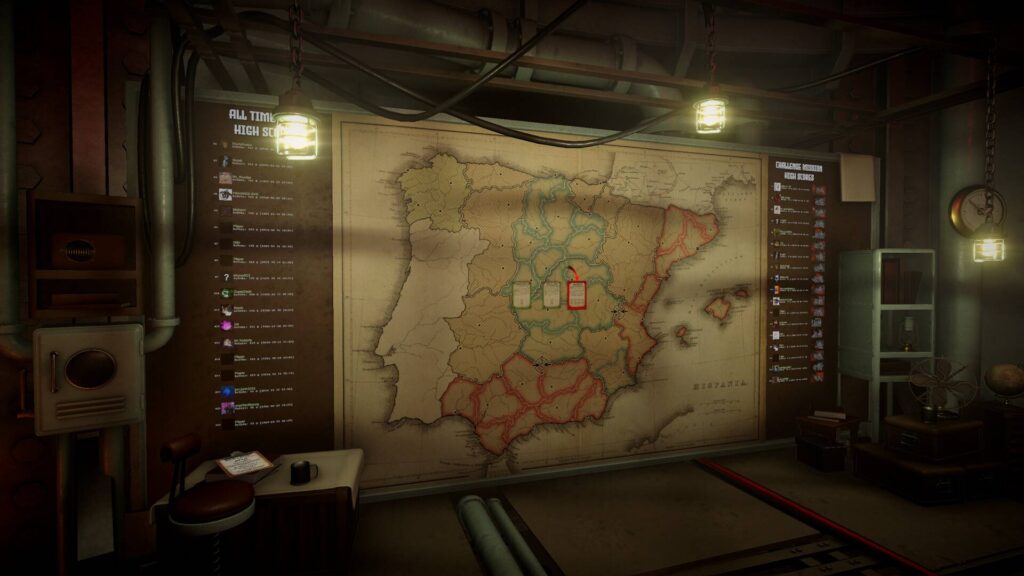 Eine große Karte von Spanien hängt in IRON NEST in einem Kontrollraum, flankiert von Ranglisten und Missionsanzeigen.