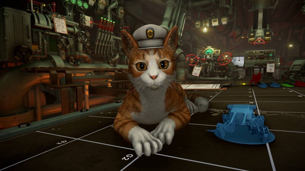 Eine Katze mit Kapitänsmütze sitzt in IRON NEST vor einem Spielbrett in einem Maschinenraum voller Rohre und Schaltanlagen.