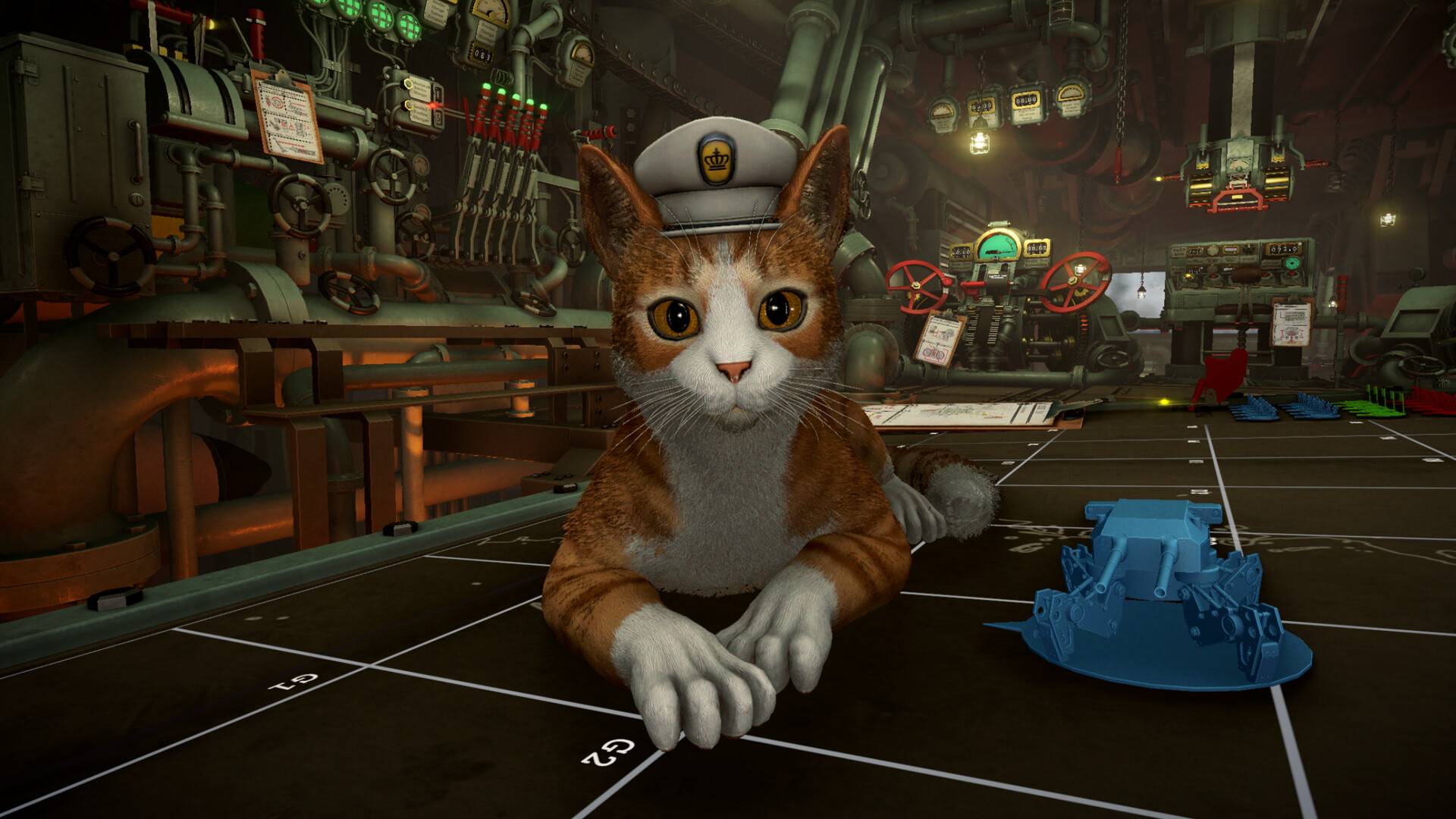 Eine Katze mit Kapitänsmütze sitzt in IRON NEST vor einem Spielbrett in einem Maschinenraum voller Rohre und Schaltanlagen.