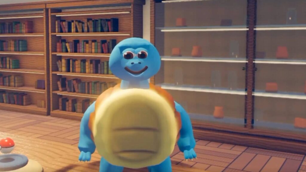 Ein blaues, schildkrötenähnliches Wesen steht in einem Pokémon-KI-Remake vor Bücherregalen und Vitrinen.
