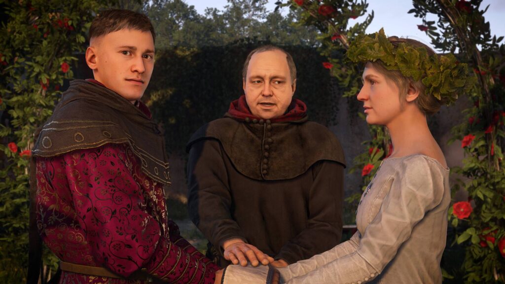 Kingdom Come Deliverance 2 Brautpaar hält bei einer Hochzeit die Hände vor einem Priester