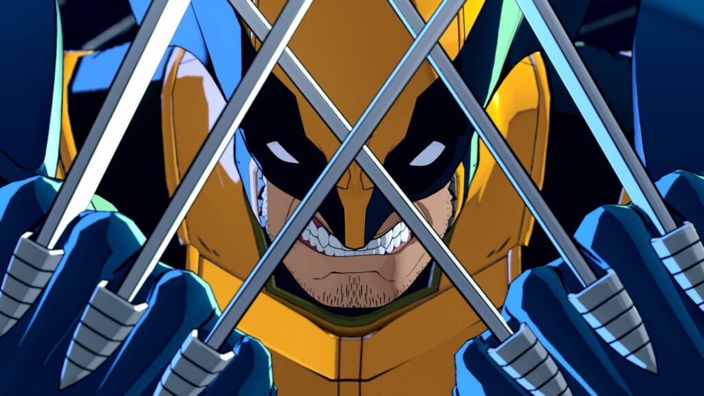 Wolverine kreuzt in MARVEL Tōkon: Fighting Souls grinsend seine ausgefahrenen Adamantium-Klauen vor dem Gesicht.