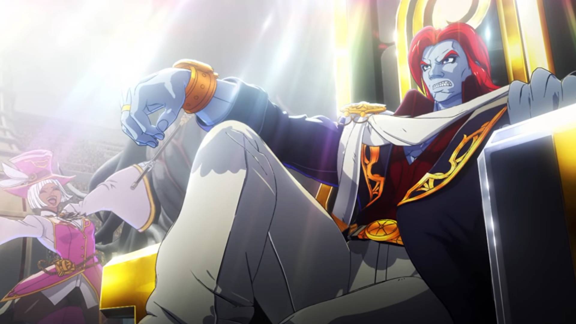 The Champion sitzt in MARVEL Tōkon: Fighting Souls auf einem goldenen Thron, während im Hintergrund eine weitere Kämpferin jubelt.