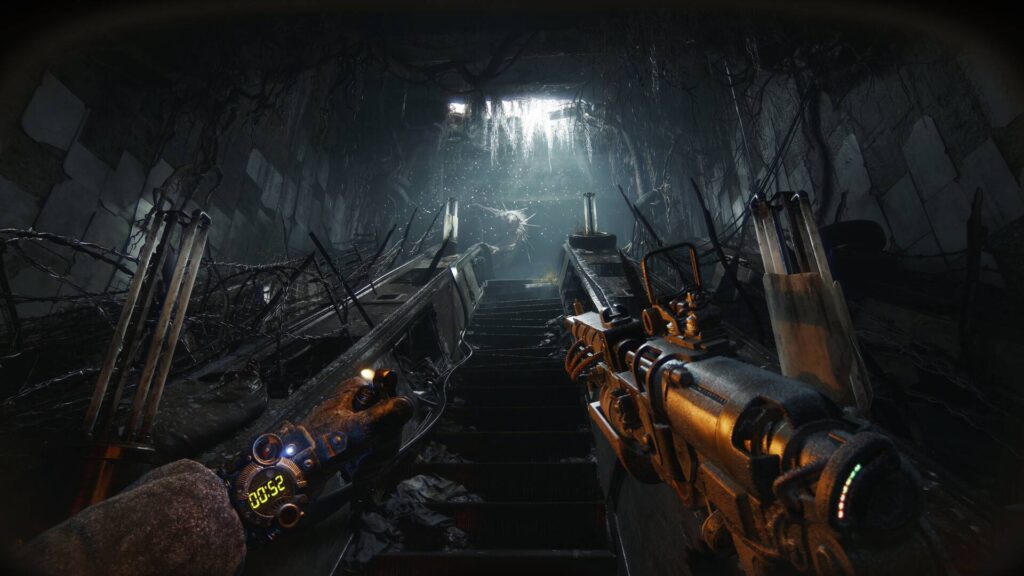 Metro 2039 Waffe auf einer zerstörten Rolltreppe in der Metro
