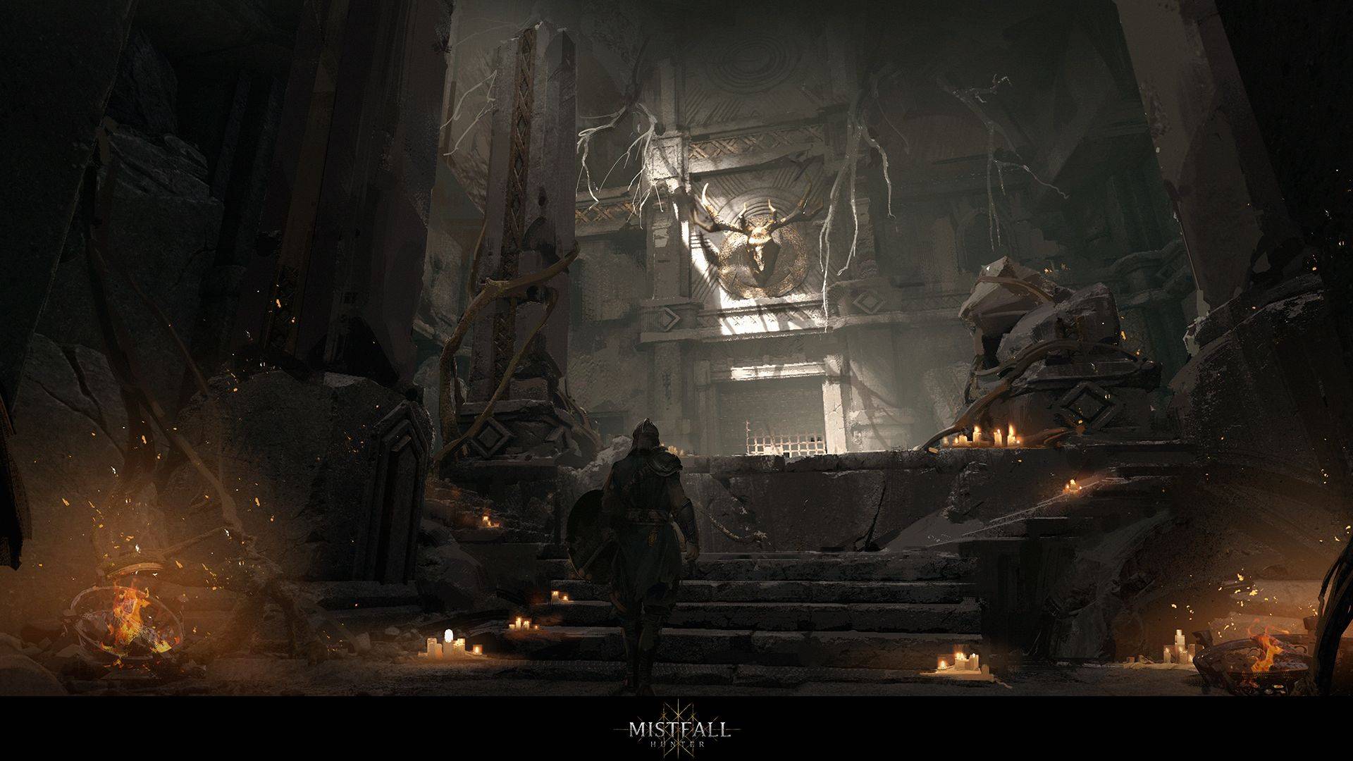 Ein Krieger betritt in Mistfall Hunter eine düstere Tempelhalle mit Kerzen, Feuerstellen und einem großen gehörnten Symbol an der Wand.