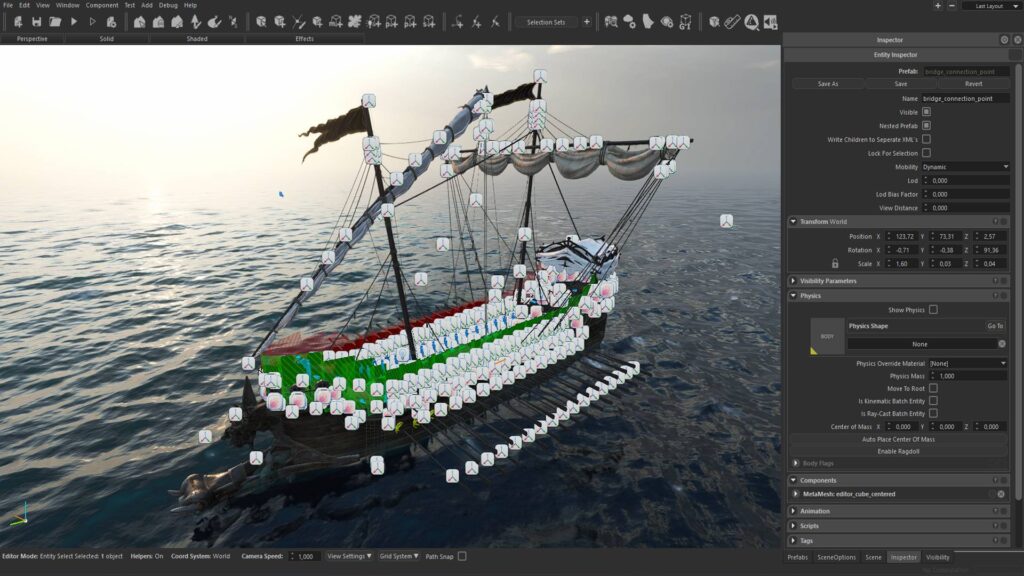 Das Modding-Kit von Mount & Blade 2: Bannerlord zeigt ein bearbeitetes Schiff mit zahlreichen markierten Bauteilen im Editor.