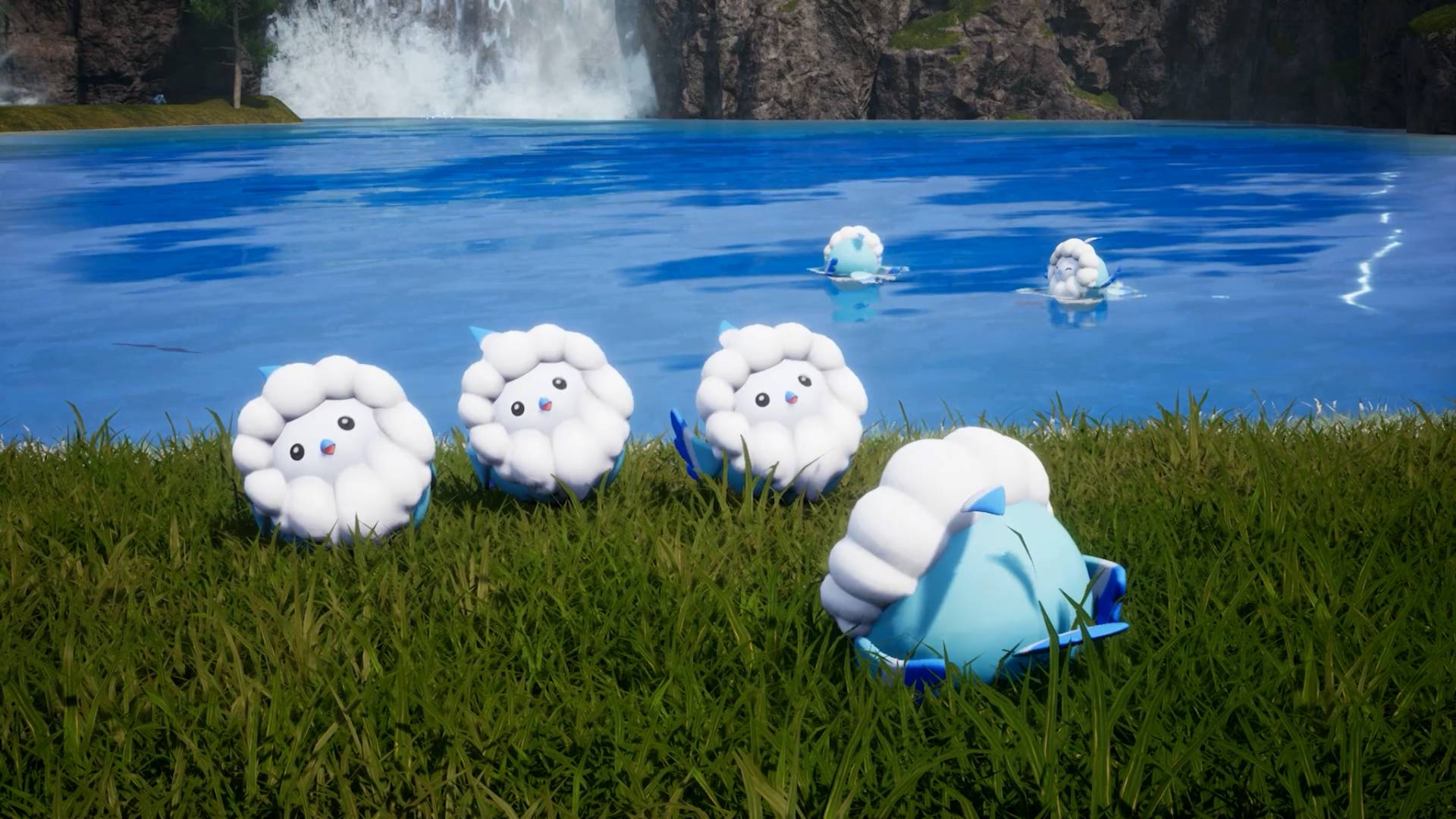 Mehrere schafähnliche Pals stehen und schwimmen in Palworld an einem See vor einem großen Wasserfall.