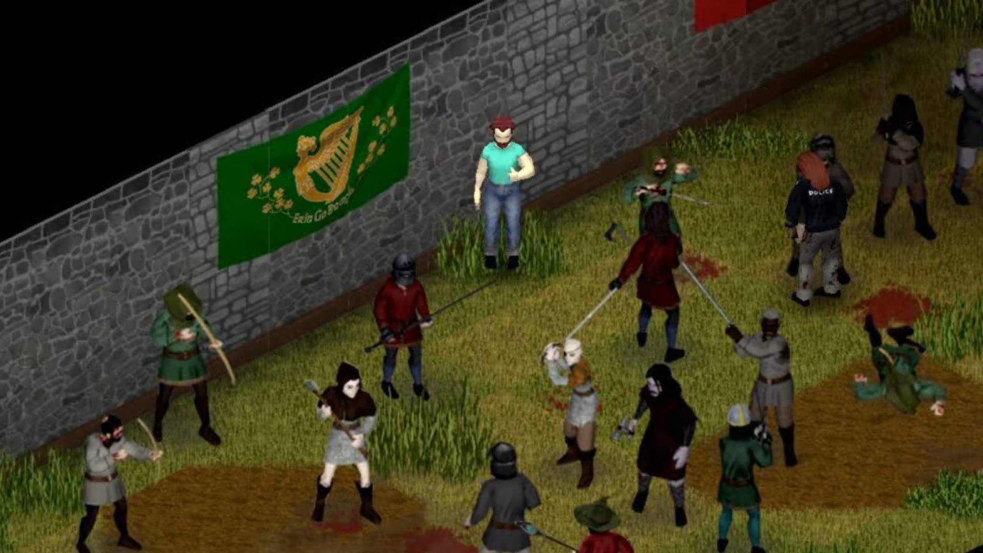 Mehrere bewaffnete Figuren kämpfen in Project Zomboid auf einer Wiese vor einer Steinmauer mit irischer Flagge.